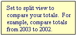 Text Box: Set to split view to compare your totals.  For example, compare totals from 2003 to 2002.
 
 
 
